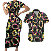 Hawaiian Kakau Tattoo Leis and Palaka Pattern Couples Matching Short Sleeve Bodycon Dress and Hawaiian Shirt Traditional Aloha Tribal Black Color