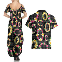 Hawaiian Kakau Tattoo Leis and Palaka Pattern Couples Matching Summer Maxi Dress and Hawaiian Shirt Traditional Aloha Tribal Black Color