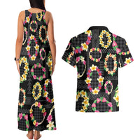 Hawaiian Kakau Tattoo Leis and Palaka Pattern Couples Matching Tank Maxi Dress and Hawaiian Shirt Traditional Aloha Tribal Black Color