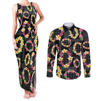 Hawaiian Kakau Tattoo Leis and Palaka Pattern Couples Matching Tank Maxi Dress and Long Sleeve Button Shirt Traditional Aloha Tribal Black Color