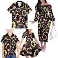 Hawaiian Kakau Tattoo Leis and Palaka Pattern Family Matching Off The Shoulder Long Sleeve Dress and Hawaiian Shirt Traditional Aloha Tribal Black Color
