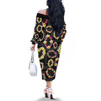 Hawaiian Kakau Tattoo Leis and Palaka Pattern Family Matching Off The Shoulder Long Sleeve Dress and Hawaiian Shirt Traditional Aloha Tribal Black Color
