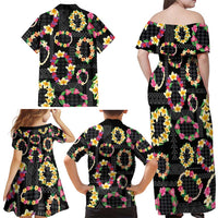 Hawaiian Kakau Tattoo Leis and Palaka Pattern Family Matching Off Shoulder Maxi Dress and Hawaiian Shirt Traditional Aloha Tribal Black Color