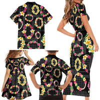Hawaiian Kakau Tattoo Leis and Palaka Pattern Family Matching Short Sleeve Bodycon Dress and Hawaiian Shirt Traditional Aloha Tribal Black Color