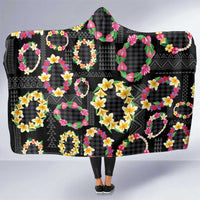 Hawaiian Kakau Tattoo Leis and Palaka Pattern Hooded Blanket Traditional Aloha Tribal Black Color