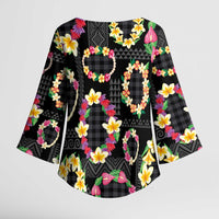Hawaiian Kakau Tattoo Leis and Palaka Pattern Kimono Sleeve Blouse Traditional Aloha Tribal Black Color