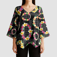 Hawaiian Kakau Tattoo Leis and Palaka Pattern Kimono Sleeve Blouse Traditional Aloha Tribal Black Color