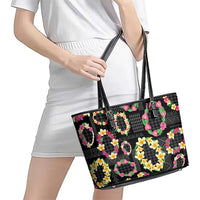 Hawaiian Kakau Tattoo Leis and Palaka Pattern Leather Tote Bag Traditional Aloha Tribal Black Color