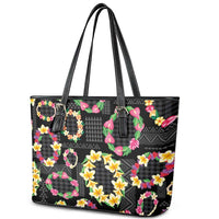 Hawaiian Kakau Tattoo Leis and Palaka Pattern Leather Tote Bag Traditional Aloha Tribal Black Color