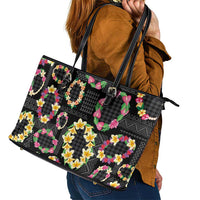 Hawaiian Kakau Tattoo Leis and Palaka Pattern Leather Tote Bag Traditional Aloha Tribal Black Color