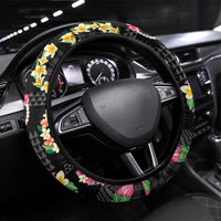Hawaiian Kakau Tattoo Leis and Palaka Pattern Steering Wheel Cover Traditional Aloha Tribal Black Color