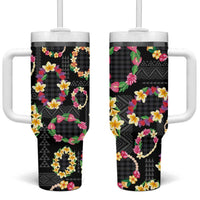 Hawaiian Kakau Tattoo Leis and Palaka Pattern Tumbler With Handle Traditional Aloha Tribal Black Color