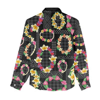 Hawaiian Kakau Tattoo Leis and Palaka Pattern Women Casual Shirt Traditional Aloha Tribal Black Color