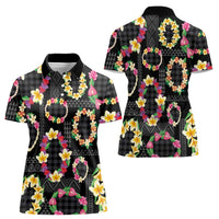 Hawaiian Kakau Tattoo Leis and Palaka Pattern Women Polo Shirt Traditional Aloha Tribal Black Color