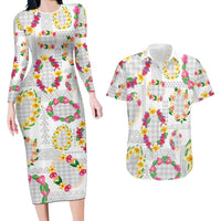 Hawaiian Kakau Tattoo Leis and Palaka Pattern Couples Matching Long Sleeve Bodycon Dress and Hawaiian Shirt Traditional Aloha Tribal White Color