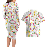 Hawaiian Kakau Tattoo Leis and Palaka Pattern Couples Matching Long Sleeve Bodycon Dress and Hawaiian Shirt Traditional Aloha Tribal White Color