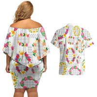 Hawaiian Kakau Tattoo Leis and Palaka Pattern Couples Matching Off Shoulder Short Dress and Hawaiian Shirt Traditional Aloha Tribal White Color