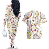 Hawaiian Kakau Tattoo Leis and Palaka Pattern Couples Matching Off The Shoulder Long Sleeve Dress and Hawaiian Shirt Traditional Aloha Tribal White Color