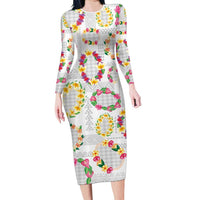 Hawaiian Kakau Tattoo Leis and Palaka Pattern Family Matching Long Sleeve Bodycon Dress and Hawaiian Shirt Traditional Aloha Tribal White Color