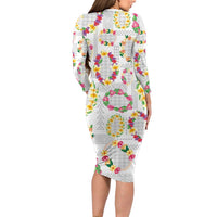 Hawaiian Kakau Tattoo Leis and Palaka Pattern Family Matching Long Sleeve Bodycon Dress and Hawaiian Shirt Traditional Aloha Tribal White Color