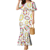 Hawaiian Kakau Tattoo Leis and Palaka Pattern Family Matching Mermaid Dress and Hawaiian Shirt Traditional Aloha Tribal White Color