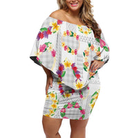 Hawaiian Kakau Tattoo Leis and Palaka Pattern Family Matching Off Shoulder Short Dress and Hawaiian Shirt Traditional Aloha Tribal White Color