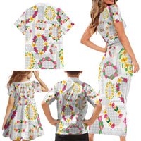 Hawaiian Kakau Tattoo Leis and Palaka Pattern Family Matching Short Sleeve Bodycon Dress and Hawaiian Shirt Traditional Aloha Tribal White Color