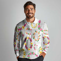Hawaiian Kakau Tattoo Leis and Palaka Pattern Long Sleeve Polo Shirt Traditional Aloha Tribal White Color