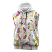 Hawaiian Kakau Tattoo Leis and Palaka Pattern Sleeveless Hoodie Traditional Aloha Tribal White Color