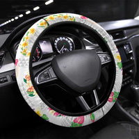 Hawaiian Kakau Tattoo Leis and Palaka Pattern Steering Wheel Cover Traditional Aloha Tribal White Color