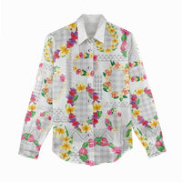 Hawaiian Kakau Tattoo Leis and Palaka Pattern Women Casual Shirt Traditional Aloha Tribal White Color