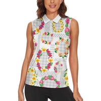 Hawaiian Kakau Tattoo Leis and Palaka Pattern Women Sleeveless Polo Shirt Traditional Aloha Tribal White Color