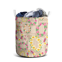 Hawaiian Kakau Tattoo Leis and Palaka Pattern Laundry Basket Traditional Aloha Tribal Beige Color