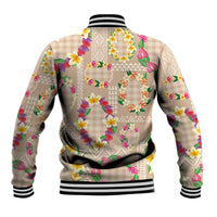 Hawaiian Kakau Tattoo Leis and Palaka Pattern Baseball Jacket Traditional Aloha Tribal Beige Color