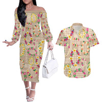 Hawaiian Kakau Tattoo Leis and Palaka Pattern Couples Matching Off The Shoulder Long Sleeve Dress and Hawaiian Shirt Traditional Aloha Tribal Beige Color