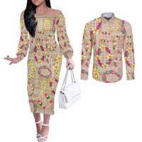 Hawaiian Kakau Tattoo Leis and Palaka Pattern Couples Matching Off The Shoulder Long Sleeve Dress and Long Sleeve Button Shirt Traditional Aloha Tribal Beige Color