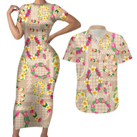 Hawaiian Kakau Tattoo Leis and Palaka Pattern Couples Matching Short Sleeve Bodycon Dress and Hawaiian Shirt Traditional Aloha Tribal Beige Color