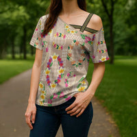 Hawaiian Kakau Tattoo Leis and Palaka Pattern Cross Shoulder Shirt Traditional Aloha Tribal Beige Color