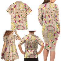 Hawaiian Kakau Tattoo Leis and Palaka Pattern Family Matching Long Sleeve Bodycon Dress and Hawaiian Shirt Traditional Aloha Tribal Beige Color