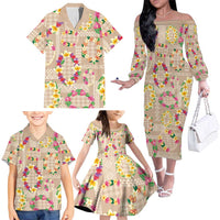 Hawaiian Kakau Tattoo Leis and Palaka Pattern Family Matching Off The Shoulder Long Sleeve Dress and Hawaiian Shirt Traditional Aloha Tribal Beige Color