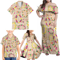 Hawaiian Kakau Tattoo Leis and Palaka Pattern Family Matching Off Shoulder Maxi Dress and Hawaiian Shirt Traditional Aloha Tribal Beige Color