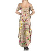 Hawaiian Kakau Tattoo Leis and Palaka Pattern Family Matching Summer Maxi Dress and Hawaiian Shirt Traditional Aloha Tribal Beige Color