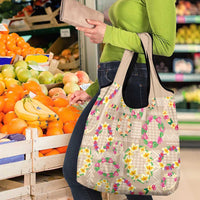 Hawaiian Kakau Tattoo Leis and Palaka Pattern Grocery Bag Traditional Aloha Tribal Beige Color