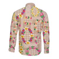 Hawaiian Kakau Tattoo Leis and Palaka Pattern Long Sleeve Button Shirt Traditional Aloha Tribal Beige Color