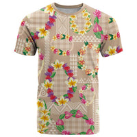 Hawaiian Kakau Tattoo Leis and Palaka Pattern T Shirt Traditional Aloha Tribal Beige Color