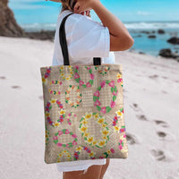 Hawaiian Kakau Tattoo Leis and Palaka Pattern Tote Bag Traditional Aloha Tribal Beige Color
