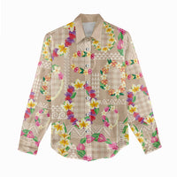 Hawaiian Kakau Tattoo Leis and Palaka Pattern Women Casual Shirt Traditional Aloha Tribal Beige Color