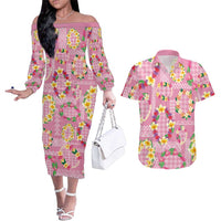 Hawaiian Leis Couples Matching Off The Shoulder Long Sleeve Dress and Hawaiian Shirt Kakau Tattoos and Palaka Pastel Pink Color