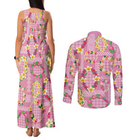 Hawaiian Leis Couples Matching Tank Maxi Dress and Long Sleeve Button Shirt Kakau Tattoos and Palaka Pastel Pink Color