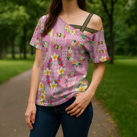 Hawaiian Leis Cross Shoulder Shirt Kakau Tattoos and Palaka Pastel Pink Color LT03 - Polynesian Pride